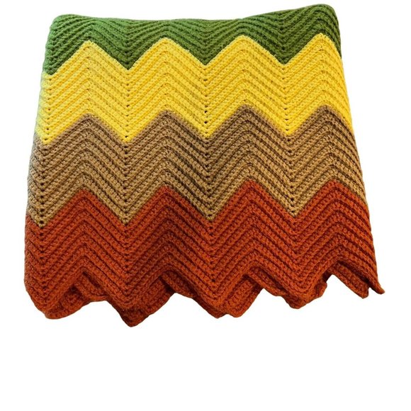 Crocheted Afghan Vintage Chevron Pattern 70's Yellow Orange Brown Green Homemade - Picture 1 of 6